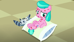 Size: 1920x1080 | Tagged: safe, screencap, aquamarine, pony, raccoon, a flurry of emotions, horsey hives, pillow, plushie, solo