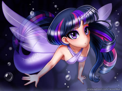Size: 900x668 | Tagged: safe, artist:racoonsan, twilight sparkle, twilight sparkle (alicorn), alicorn, human, mermaid, my little pony: the movie, bocas top, bubble, cute, eyeshadow, female, horned humanization, humanized, looking at you, makeup, mermaidized, sleeveless, solo, species swap, underwater, water