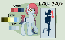 Size: 1520x941 | Tagged: safe, artist:ipandacakes, derpibooru import, oc, oc:lyric forte, earth pony, pony, female, mare, offspring, parent:toe tapper, parent:torch song, parents:torchtapper, reference sheet, solo