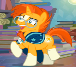 Size: 364x320 | Tagged: safe, derpibooru import, screencap, sunburst, the parent map, book, booty call, cropped, excited, faic, glowing cutie mark, open mouth, solo