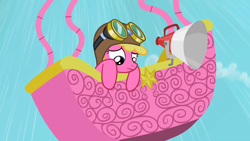 Size: 1280x720 | Tagged: safe, screencap, cherry berry, pony, the mysterious mare do well, falling, goggles, hot air balloon, looking down, megaphone, solo, twinkling balloon