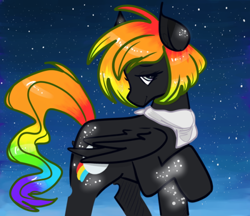 Size: 540x466 | Tagged: safe, artist:incapacitatedvixen, derpibooru import, oc, oc only, oc:spectral night, pegasus, pony, clothes, fanart, glow, night, rainbow hair, request, scarf, solo