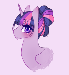 Size: 1572x1714 | Tagged: safe, artist:cristate, derpibooru import, twilight sparkle, twilight sparkle (alicorn), alicorn, pony, bust, female, hair up, mare, purple background, simple background, solo, tangent, updo