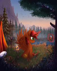 Size: 2615x3238 | Tagged: safe, derpibooru import, oc, oc only, oc:rayven, alicorn, pony, alicorn oc, campfire, forest, lake, male, mountain, narcissism, scenery, selfie, solo, tent, tree