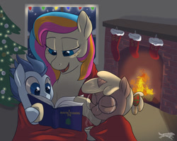 Size: 1024x815 | Tagged: safe, artist:lostinthetrees, derpibooru import, oc, oc only, oc:copper chip, oc:golden gates, oc:silver span, pegasus, pony, unicorn, babscon, book, christmas, christmas stocking, christmas tree, colt, female, filly, fireplace, holiday, male, mare, tree