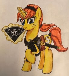 Size: 855x935 | Tagged: safe, artist:bozzerkazooers, derpibooru import, pony, april o'neil, ponified, solo, sword, tanto, teenage mutant ninja turtles, tessan, tessenjuts, tmnt 2012, traditional art, weapon