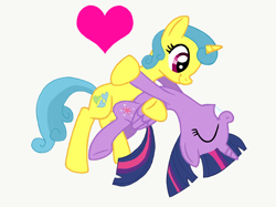 Size: 2732x2048 | Tagged: safe, artist:turnaboutart, derpibooru import, lemon hearts, twilight sparkle, twilight sparkle (alicorn), alicorn, unicorn, fanfic:twilight sparkle and lemon hearts love life, cutie mark, dancing, female, folded wings, heart, holding hooves, lemonlight, lesbian, mare, shipping, smiling, teeth