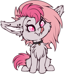 Size: 310x353 | Tagged: safe, artist:meggchan, derpibooru import, oc, oc only, oc:candy quartz, bat pony, :p, bat pony oc, bell, chest fluff, chibi, collar, cute, ear piercing, fangs, female, floppy ears, fluffy, licking, licking lips, mare, mlem, piercing, redraw, shaved mane, silly, simple background, sitting, solo, tongue out, transparent background, two toned mane, weapons-grade cute