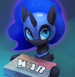 Size: 1182x1200 | Tagged: safe, artist:rodrigues404, derpibooru import, nightmare moon, alicorn, pony, board game, cute, ethereal mane, female, filly, helmet, looking at you, moonabetes, nightmare woon, risk, solo, war, younger
