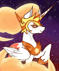 Size: 2000x2414 | Tagged: safe, artist:incapacitatedvixen, derpibooru import, daybreaker, alicorn, pony, antagonist, female, fire, galaxy, jewelry, mare, raised hoof, royalty, side view, solo, stars, tiara