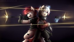 Size: 2100x1200 | Tagged: safe, artist:jadekettu, derpibooru import, oc, oc only, oc:farsight, oc:steel rain, earth pony, pony, unicorn, back to back, bipedal, bullet, clothes, couple, duo, fn five seven, gun, handgun, knife, magic, mp7, pistol, rifle, shooting, sniper, sniper rifle, weapon, yelling