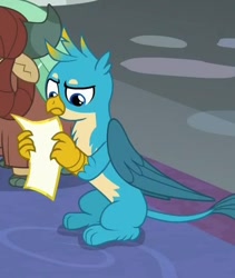 Size: 441x522 | Tagged: safe, derpibooru import, screencap, gallus, yona, griffon, friendship university, beak, cropped, male, offscreen character, paws, reaction image, reading, tail, what the fuck am i reading, wings