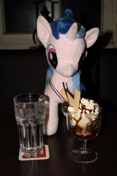 Size: 2592x3888 | Tagged: safe, artist:thetypeofpony, derpibooru import, photographer:pulse wave, sea swirl, seafoam, pony, unicorn, background pony, drinking glass, female, food, ice cream, irl, mare, medal, photo, plushie, waifu dinner