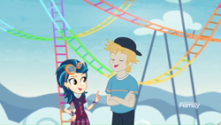 Size: 1366x768 | Tagged: safe, derpibooru import, screencap, gold rush (character), indigo zap, better together, equestria girls, rollercoaster of friendship, background human, humans standing next to each other