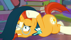 Size: 1920x1080 | Tagged: safe, derpibooru import, screencap, sunburst, the parent map, book, booty call, clothes, discovery family logo, glasses, glowing cutie mark, prone, solo, worried