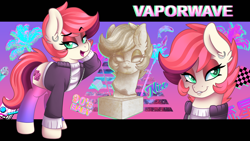 Size: 3840x2160 | Tagged: safe, artist:ciderpunk, derpibooru import, oc, oc only, oc:vaporwave, pony, aesthetics, bedroom eyes, clothes, female, mare, smiling, solo, statue