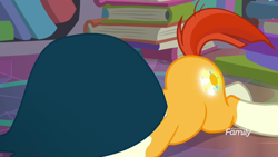 Size: 1920x1080 | Tagged: safe, derpibooru import, screencap, sunburst, the parent map, book, booty call, clothes, discovery family logo, glowing cutie mark, majestic as fuck, prone, solo