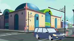 Size: 1366x768 | Tagged: safe, derpibooru import, screencap, curly winds, some blue guy, track starr, better together, equestria girls, rollercoaster of friendship, architecture, background human, building, canterlot mall, car, mall