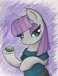 Size: 324x427 | Tagged: safe, artist:jenkiwi, boulder (pet), maud pie, earth pony, pony, clothes, duo, female, lidded eyes, mare, solo, traditional art