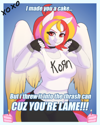 Size: 2400x3000 | Tagged: safe, artist:souladdicted, oc, oc only, oc:pepper doll, anthro, pegasus, anthro oc, armpits, breasts, cake, choker, clothes, female, fingerless gloves, food, gloves, korn, looking at you, mare, red eyes, smiling, solo, tanktop, thumbs down