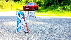 Size: 4032x2268 | Tagged: safe, artist:bumskuchen, derpibooru import, oc, oc:shifting gear, pony, unicorn, bmw, car, galacon, galacon 2018, irl, photo, photography, real life background, solo, traditional art, vehicle