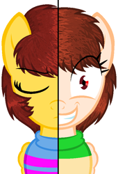 Size: 518x763 | Tagged: artist needed, source needed, safe, pegasus, pony, base used, chara, female, filly, frisk, ponified, simple background, two sides, undertale, white background