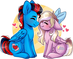 Size: 1989x1619 | Tagged: safe, artist:grapegrass, derpibooru import, oc, oc only, oc:andrew swiftwing, oc:bay breeze, pegasus, pony, boop, bow, couple, cute, eyes closed, female, hair bow, heart, male, mare, oc x oc, shipping, side view, simple background, smiling, stallion, straight, swiftbreeze, transparent background, wings