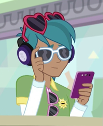 Size: 461x565 | Tagged: safe, edit, screencap, carlos thunderbolt, equestria girls, spoiler:eqg specials, background human, cellphone, cropped, phone, smartphone, smiling, solo, sunglasses