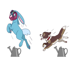 Size: 1800x1400 | Tagged: safe, artist:jackiebloom, derpibooru import, oc, oc:winona iv, oc:zap apple, dog, earth pony, pony, animal costume, blaze (coat marking), bunny costume, clothes, costume, female, magical lesbian spawn, mare, offspring, parent:applejack, parent:coloratura, parents:rarajack, simple background, transparent background, watering can