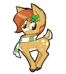 Size: 1800x2000 | Tagged: safe, artist:billysan727, oc, oc only, oc:clover springs, deer, pony, clothes, cloven hooves, clover, cute, female, fluffy, four leaf clover, scarf, simple background, solo, sticker, transparent background