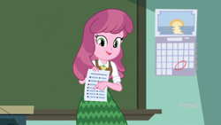 Size: 1366x768 | Tagged: safe, derpibooru import, cheerilee, better together, equestria girls, the finals countdown, calendar, smiling, solo, sun