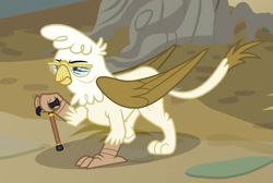 Size: 540x362 | Tagged: safe, derpibooru import, screencap, griffon, the fault in our cutie marks, background griffon, cane, cropped, elderly, female, glasses, solo