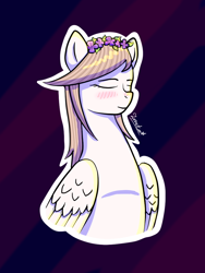 Size: 750x1000 | Tagged: safe, artist:zorreta, derpibooru import, oc, oc only, oc:zorreta, pegasus, pony, blushing, female, floral head wreath, flower, solo