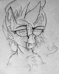 Size: 1819x2263 | Tagged: safe, artist:xxfrostflashxx, derpibooru import, oc, oc only, oc:passel, chest fluff, fangs, sketch, smiling, solo, traditional art