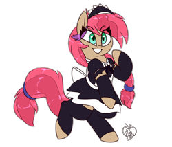 Size: 2100x1800 | Tagged: safe, artist:notenoughapples, derpibooru import, oc, oc only, oc:becky brown, pony, bipedal, clothes, female, maid, mare, simple background, smiling, solo, transparent background