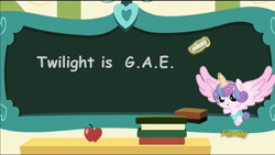 Size: 1920x1080 | Tagged: safe, edit, edited screencap, screencap, princess flurry heart, alicorn, pony, a flurry of emotions, chalkboard, discovery family logo, exploitable meme, flurry art, flurry heart's chalkboard, meme, solo