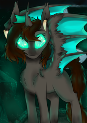 Size: 2480x3508 | Tagged: safe, artist:php70, derpibooru import, oc, oc only, bat pony, changeling, bat pony oc, changeling oc, chest fluff, glowing eyes, half changeling, looking at you, solo