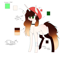 Size: 1341x1250 | Tagged: safe, artist:hyshyy, derpibooru import, oc, oc only, oc:eliza, pony, unicorn, bandage, beanie, clothes, female, hat, mare, reference sheet, simple background, socks, solo, tongue out, transparent background