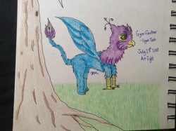 Size: 2048x1529 | Tagged: safe, artist:thechelsea159, derpibooru import, oc, oc:gyro feather, oc:gyro tech, griffon, griffonized, male, species swap, traditional art