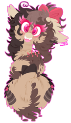 Size: 625x1080 | Tagged: safe, artist:vanillaswirl6, derpibooru import, oc, oc only, oc:choco cake delight, cake pony, earth pony, pony, bow, chest fluff, colored hooves, colored muzzle, colored pupils, commission, cute, dripping, ear fluff, floppy ears, freckles, hair bow, looking at you, on back, open mouth, signature, simple background, solo, sparkles, tail hold, transparent background