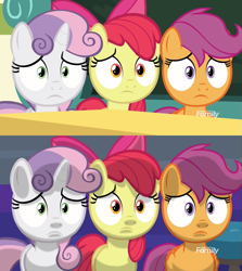 Size: 1751x1961 | Tagged: safe, derpibooru import, screencap, apple bloom, scootaloo, sweetie belle, earth pony, pegasus, pony, unicorn, marks for effort, comparison, cutie mark crusaders, female, filly