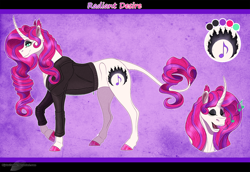 Size: 1530x1050 | Tagged: safe, artist:bijutsuyoukai, derpibooru import, oc, oc:radiant desire, pony, unicorn, clothes, female, jacket, magical lesbian spawn, mare, offspring, parent:rarity, parent:sunset shimmer, parents:sunsarity, reference sheet, solo