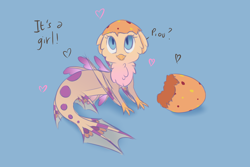 Size: 6000x4000 | Tagged: safe, artist:cha-squared, oc, oc only, oc:sunrise scales, griffon, hybrid, absurd resolution, cute, egg, female, spots, text, young