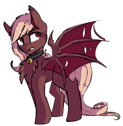 Size: 2298x2346 | Tagged: safe, artist:beardie, derpibooru import, oc, oc only, oc:spicy bite, bat pony, pony, undead, bat pony oc, bell, bell collar, chest fluff, collar, ear fluff, male, simple background, solo, torn wings, transparent background, trap