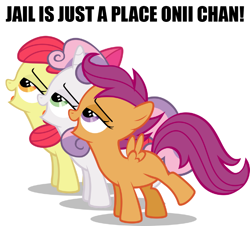 Size: 960x868 | Tagged: safe, artist:drewdini, derpibooru import, apple bloom, scootaloo, sweetie belle, earth pony, pegasus, pony, unicorn, bedroom eyes, caption, cutie mark crusaders, female, filly, implied foalcon, leaning forward, oniichan, op is a cuck, op is trying to start shit, simple background, this will end in jail time, trio, vector