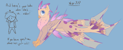 Size: 8818x3624 | Tagged: safe, artist:cha-squared, oc, oc only, oc:sunrise scales, griffon, hybrid, absurd resolution, cute, female, spots, text