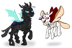 Size: 1203x799 | Tagged: safe, artist:euspuche, derpibooru import, oc, changedling, changeling, angry, excited, flying, looking at each other, simple background, size difference