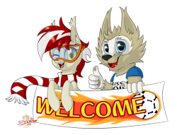 Size: 1024x781 | Tagged: safe, artist:unisoleil, derpibooru import, oc, oc:red-white flash, bat pony, wolf, banner, clothes, female, football, goggles, mare, one eye closed, scarf, simple background, transparent background, wink, world cup, world cup 2018, zabivaka