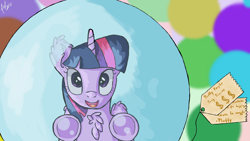 Size: 2560x1440 | Tagged: safe, artist:fedairkid, derpibooru import, twilight sparkle, twilight sparkle (alicorn), alicorn, bubble, chest fluff, in bubble, price tag, underhoof