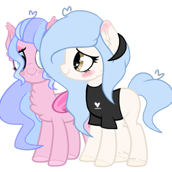 Size: 2290x2279 | Tagged: safe, artist:cloiepony, oc, oc only, oc:glitzy glam, oc:jamie, bat pony, earth pony, pony, blushing, clothes, female, high res, mare, shirt, simple background, transparent background